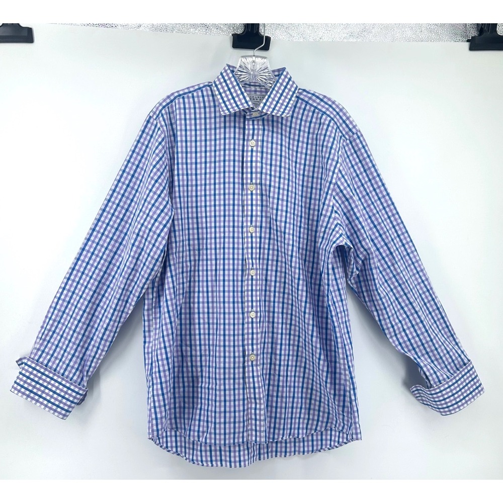 Charles Tyrwhitt Slim Fit Gingham Shirt Purple Blue 16.5 34 Long Sleeve Mens